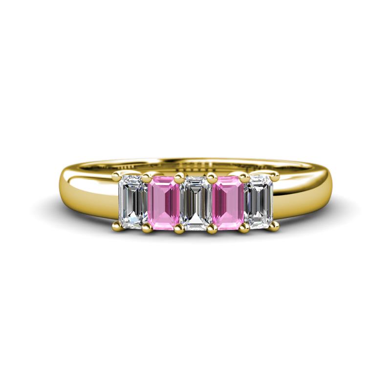 Melina 5x3 mm Emerald Cut Diamond and Pink Sapphire 5 Stone Thick Shank Wedding Band 