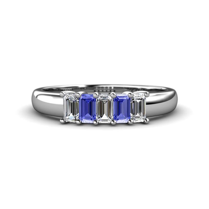 Melina 5x3 mm Emerald Cut Diamond and Tanzanite 5 Stone Thick Shank Wedding Band 