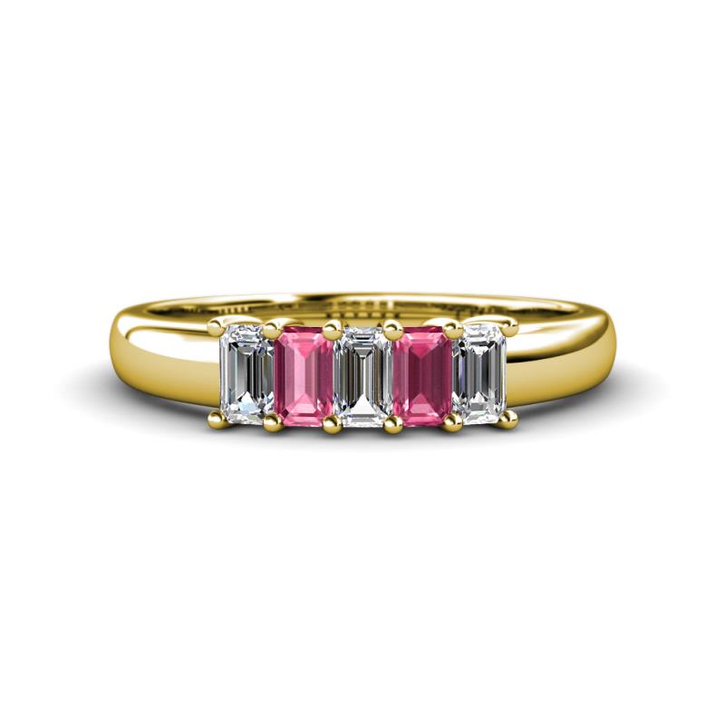 Melina 5x3 mm Emerald Cut Diamond and Pink Tourmaline 5 Stone Thick Shank Wedding Band 