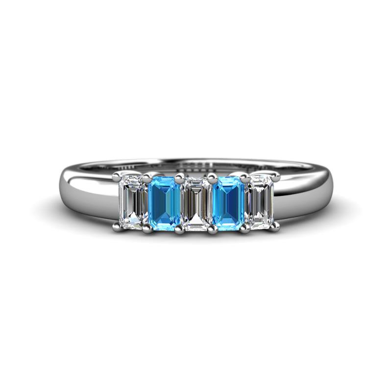 Melina 5x3 mm Emerald Cut Diamond and Blue Topaz 5 Stone Thick Shank Wedding Band 