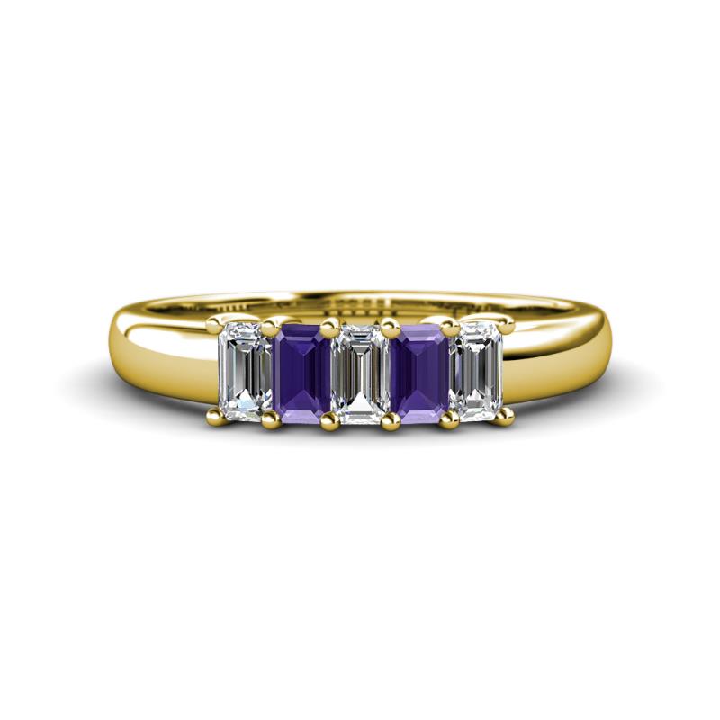 Melina 5x3 mm Emerald Cut Diamond and Iolite 5 Stone Thick Shank Wedding Band 