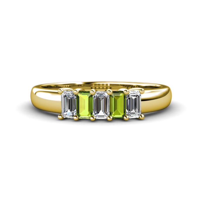 Melina 5x3 mm Emerald Cut Diamond and Peridot 5 Stone Thick Shank Wedding Band 