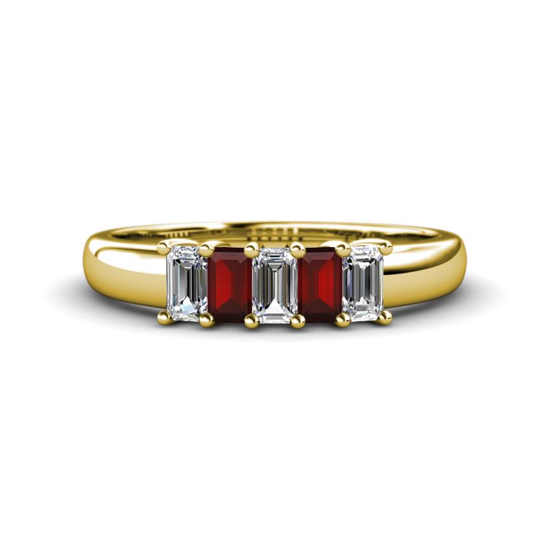 Melina 5x3 mm Emerald Cut Diamond and Red Garnet 5 Stone Thick Shank Wedding Band 