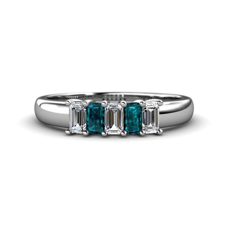 Melina 5x3 mm Emerald Cut Diamond and London Blue Topaz 5 Stone Thick Shank Wedding Band 