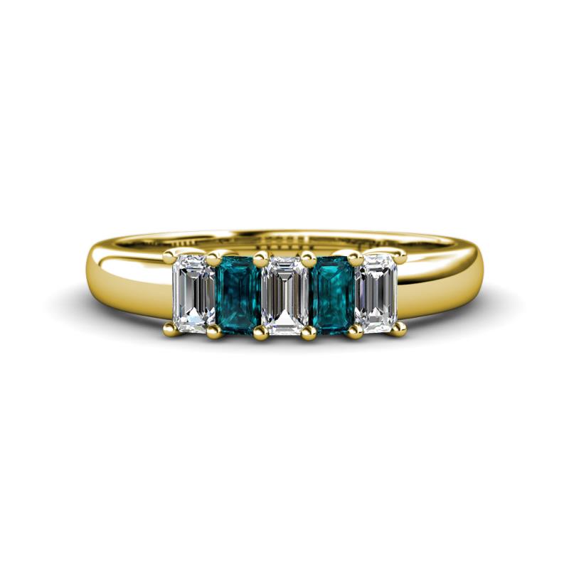 Melina 5x3 mm Emerald Cut Diamond and London Blue Topaz 5 Stone Thick Shank Wedding Band 