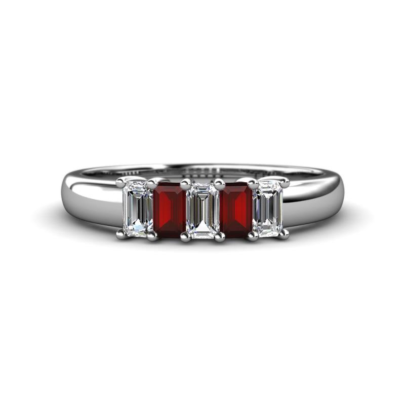 Melina 5x3 mm Emerald Cut Diamond and Red Garnet 5 Stone Thick Shank Wedding Band 