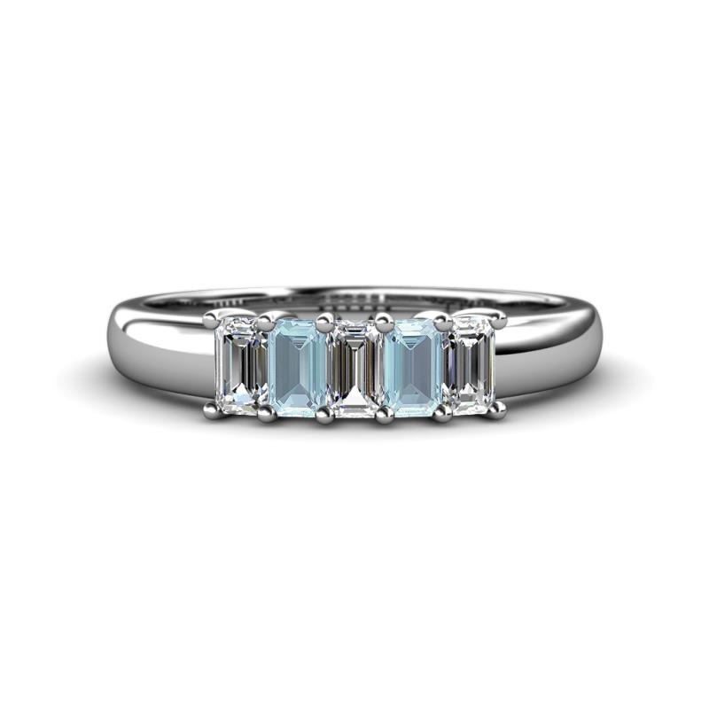 Melina 5x3 mm Emerald Cut Diamond and Aquamarine 5 Stone Thick Shank Wedding Band 