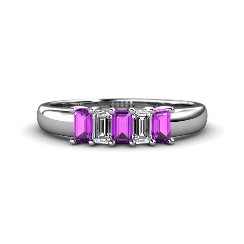 Melina 5x3 mm Emerald Cut Amethyst and Diamond 5 Stone Thick Shank Wedding Band 