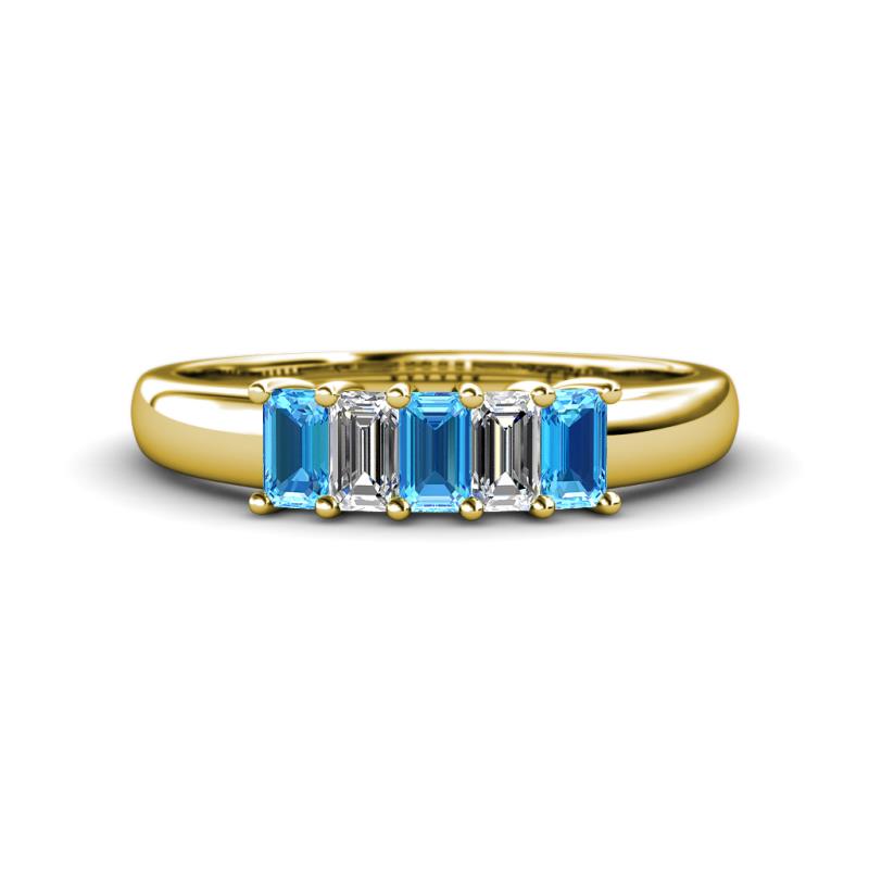 Melina 5x3 mm Emerald Cut Blue Topaz and Diamond 5 Stone Thick Shank Wedding Band 