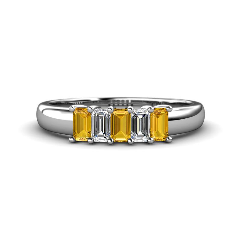 Melina 5x3 mm Emerald Cut Citrine and Diamond 5 Stone Thick Shank Wedding Band 