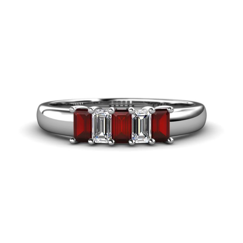 Melina 5x3 mm Emerald Cut Red Garnet and Diamond 5 Stone Thick Shank Wedding Band 