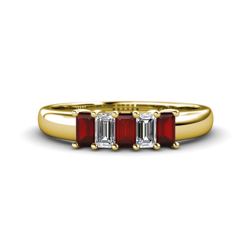 Melina 5x3 mm Emerald Cut Red Garnet and Diamond 5 Stone Thick Shank Wedding Band 
