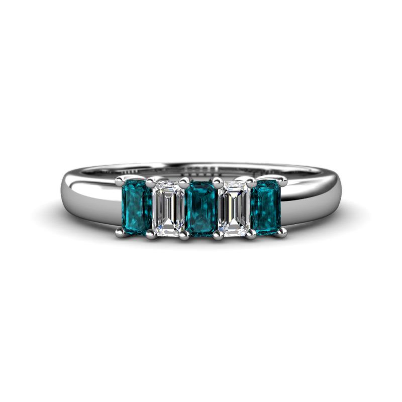 Melina 5x3 mm Emerald Cut London Blue Topaz and Diamond 5 Stone Thick Shank Wedding Band 