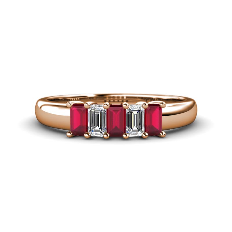 Melina 5x3 mm Emerald Cut Ruby and Diamond 5 Stone Thick Shank Wedding Band 