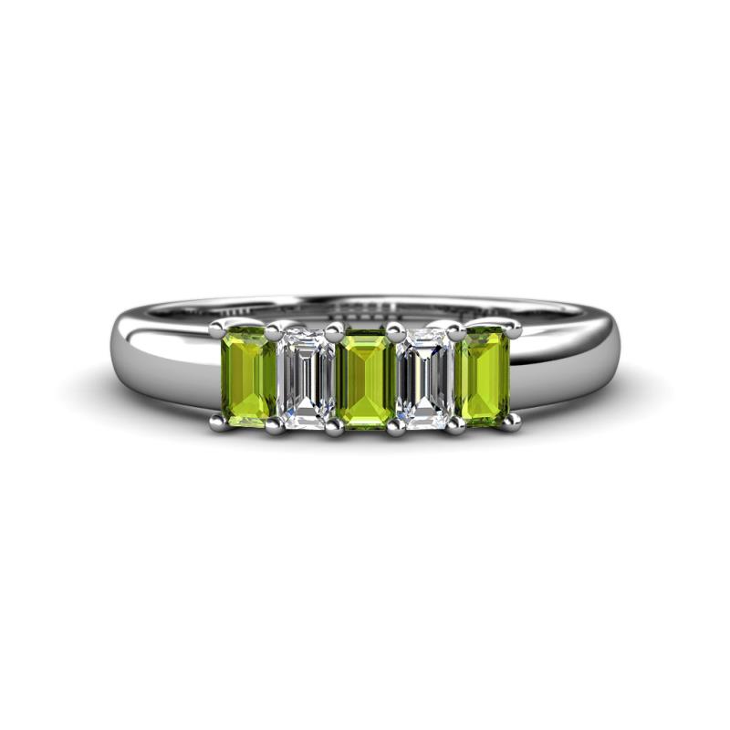 Melina 5x3 mm Emerald Cut Peridot and Diamond 5 Stone Thick Shank Wedding Band 