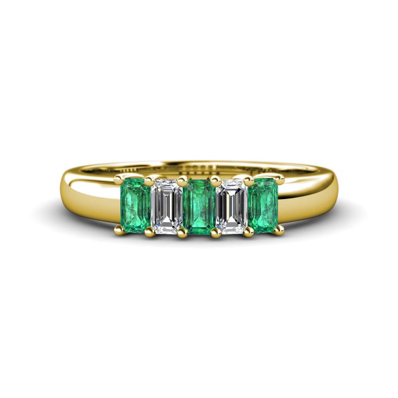 Melina 5x3 mm Emerald Cut Emerald and Diamond 5 Stone Thick Shank Wedding Band 