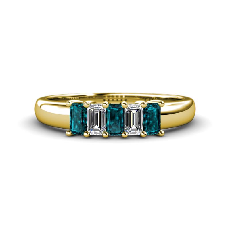 Melina 5x3 mm Emerald Cut London Blue Topaz and Diamond 5 Stone Thick Shank Wedding Band 