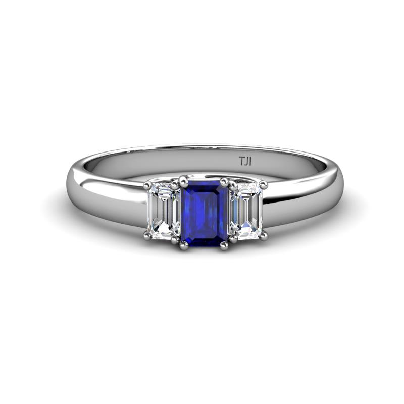 Sharon 6x4 mm Emerald Cut Blue Sapphire and Diamond Trellis Three Stone Engagement Ring 