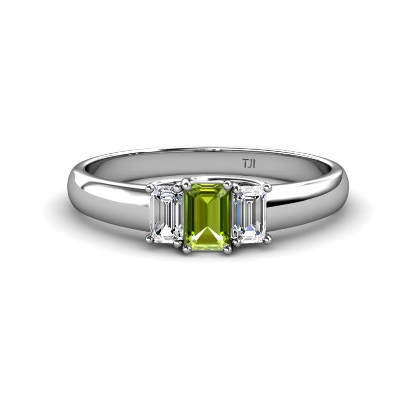 Sharon 6x4 mm Emerald Cut Peridot and Diamond Trellis Three Stone Engagement Ring 