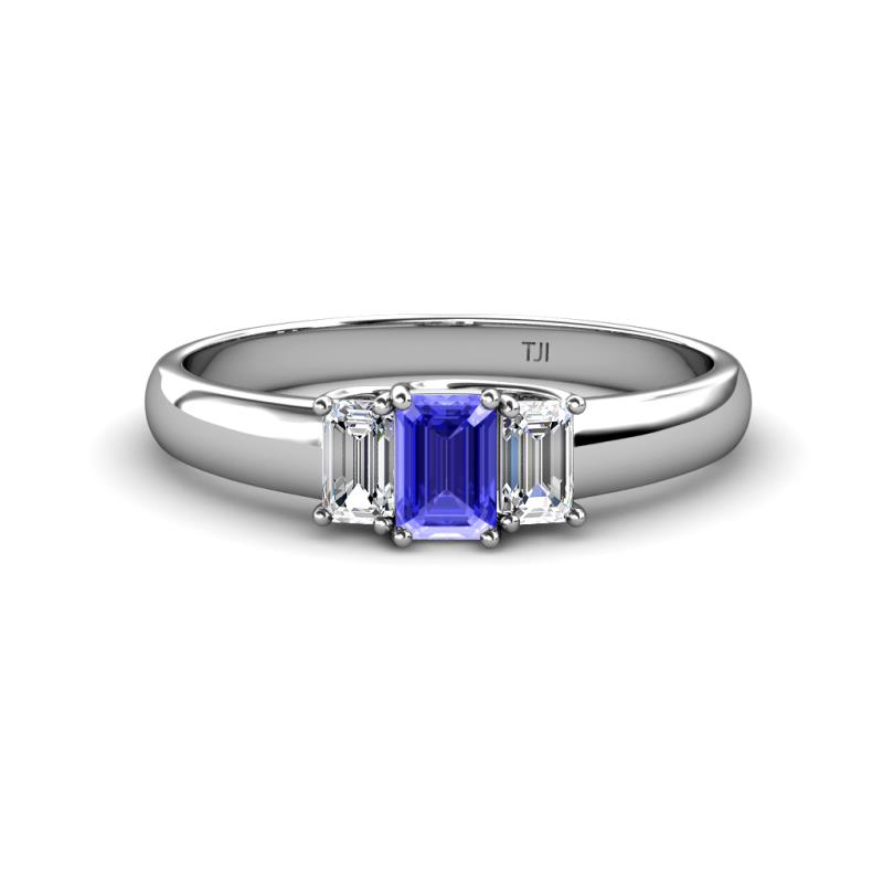 Sharon 6x4 mm Emerald Cut Tanzanite and Diamond Trellis Three Stone Engagement Ring 