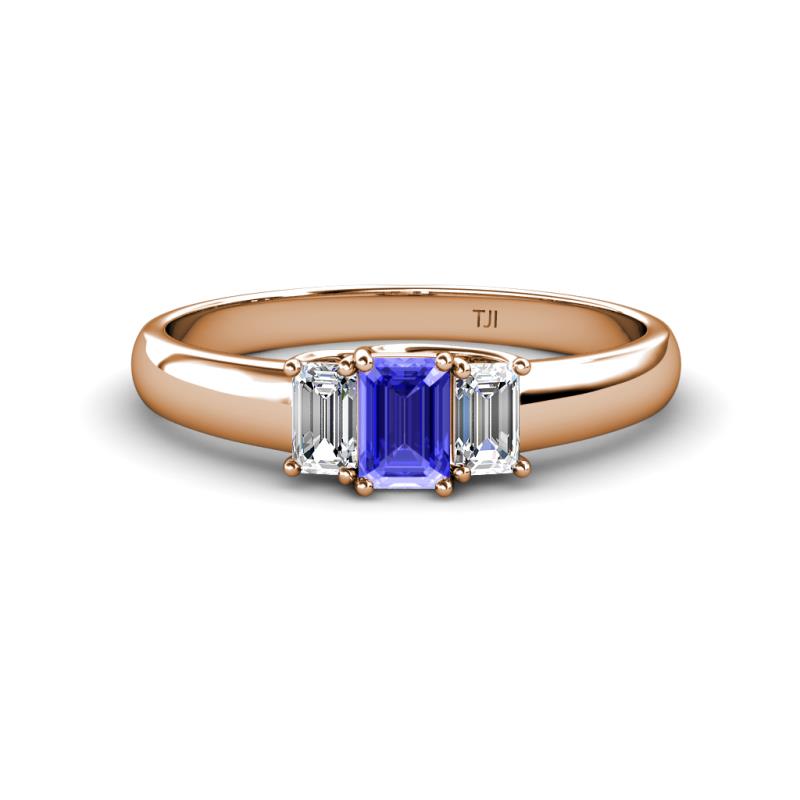 Sharon 6x4 mm Emerald Cut Tanzanite and Diamond Trellis Three Stone Engagement Ring 