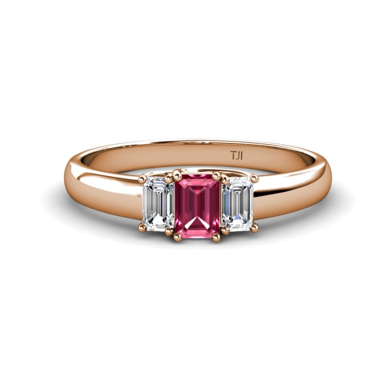 Sharon 6x4 mm Emerald Cut Pink Tourmaline and Diamond Trellis Three Stone Engagement Ring 