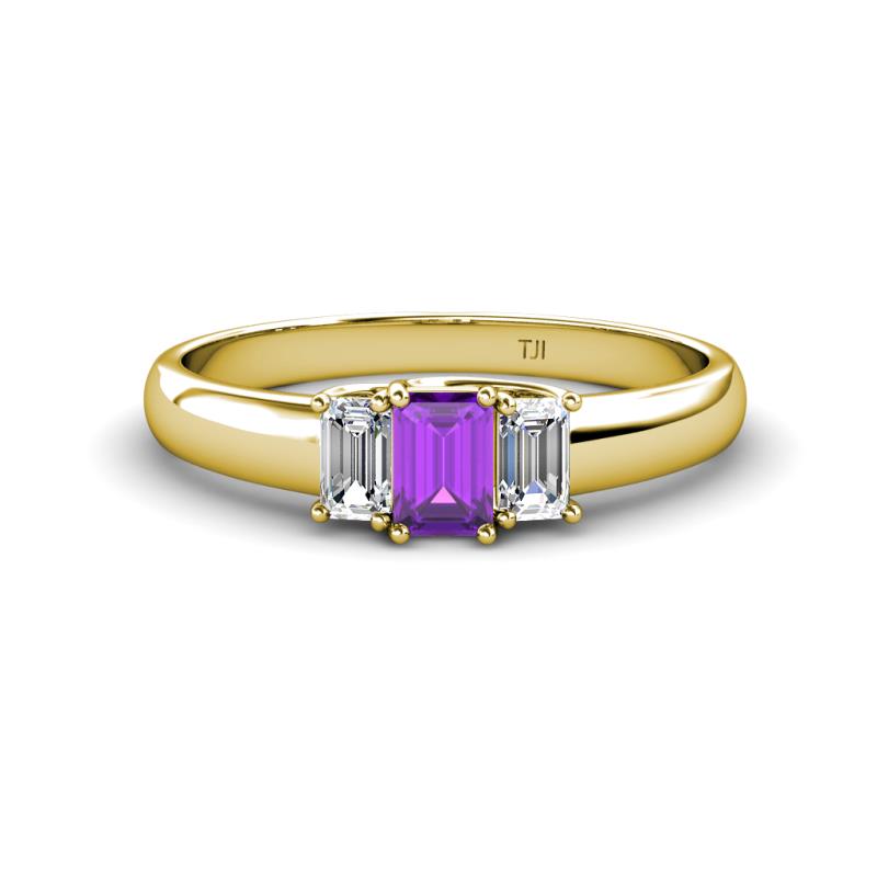 Sharon 6x4 mm Emerald Cut Amethyst and Diamond Trellis Three Stone Engagement Ring 