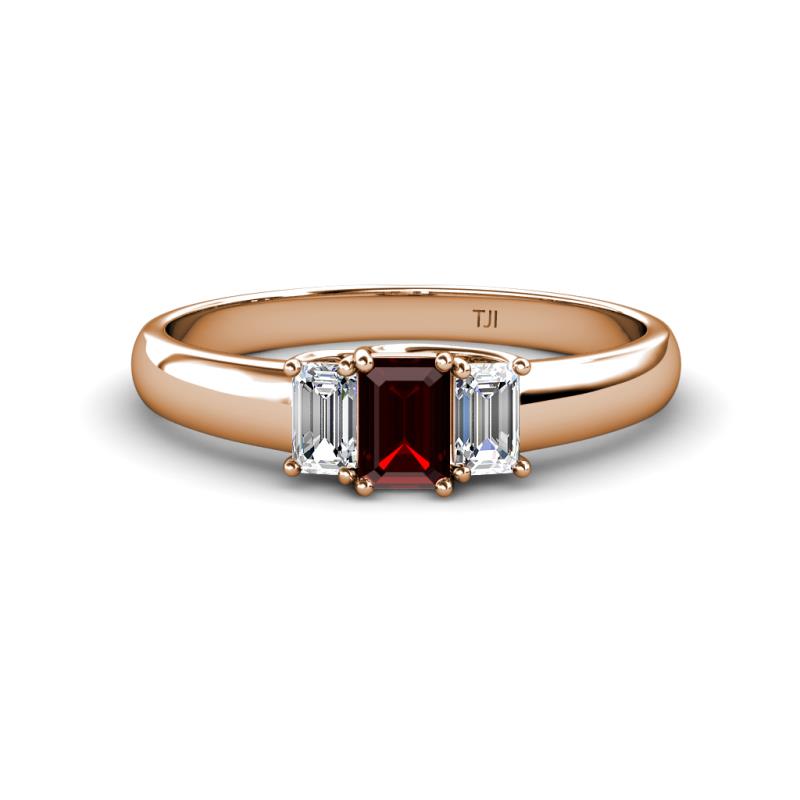 Sharon 6x4 mm Emerald Cut Red Garnet and Diamond Trellis Three Stone Engagement Ring 