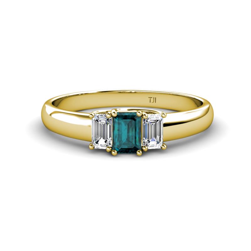 Sharon 6x4 mm Emerald Cut London Blue Topaz and Diamond Trellis Three Stone Engagement Ring 