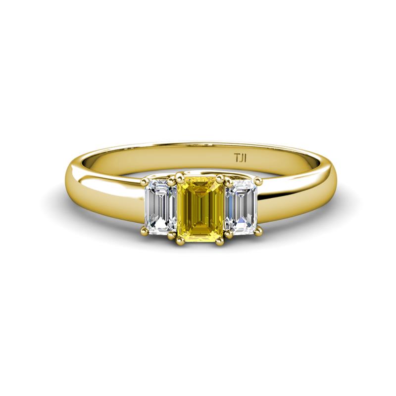 Sharon 6x4 mm Emerald Cut Yellow Sapphire and Diamond Trellis Three Stone Engagement Ring 