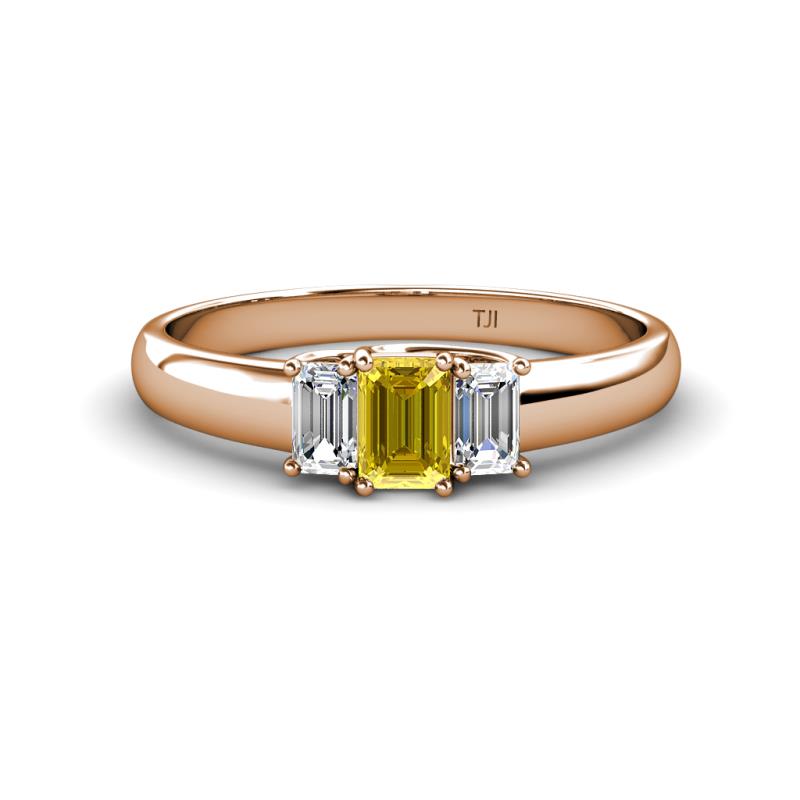 Sharon 6x4 mm Emerald Cut Yellow Sapphire and Diamond Trellis Three Stone Engagement Ring 