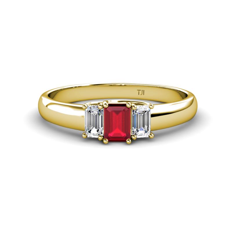 Sharon 6x4 mm Emerald Cut Ruby and Diamond Trellis Three Stone Engagement Ring 