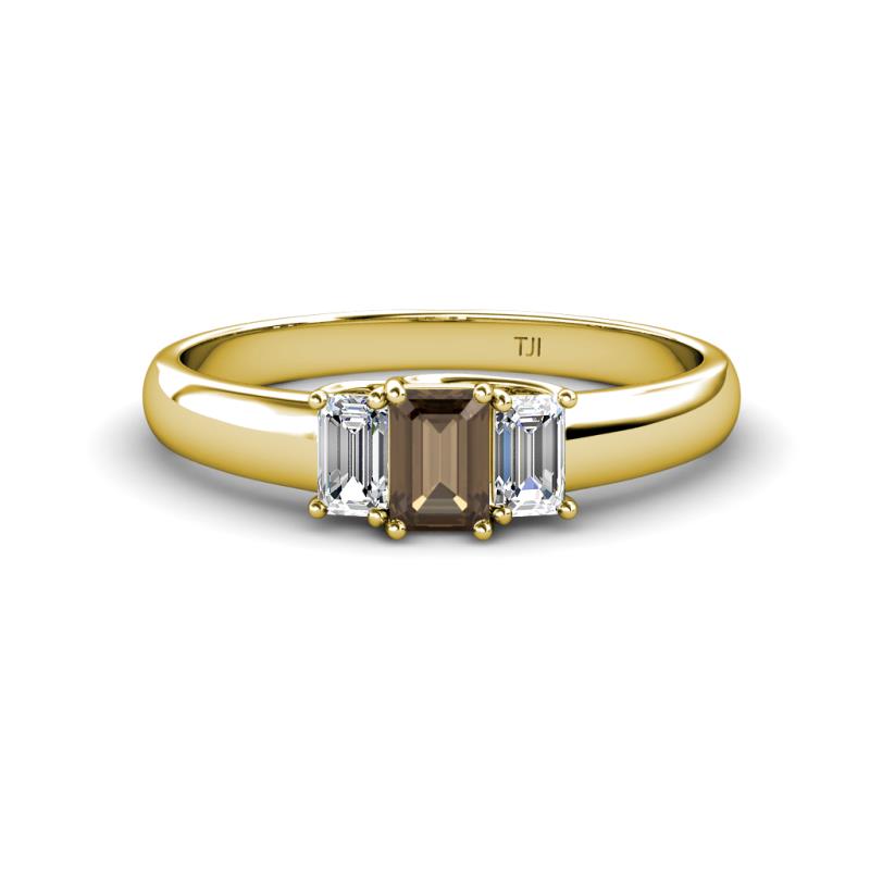 Sharon 6x4 mm Emerald Cut Smoky Quartz and Diamond Trellis Three Stone Engagement Ring 