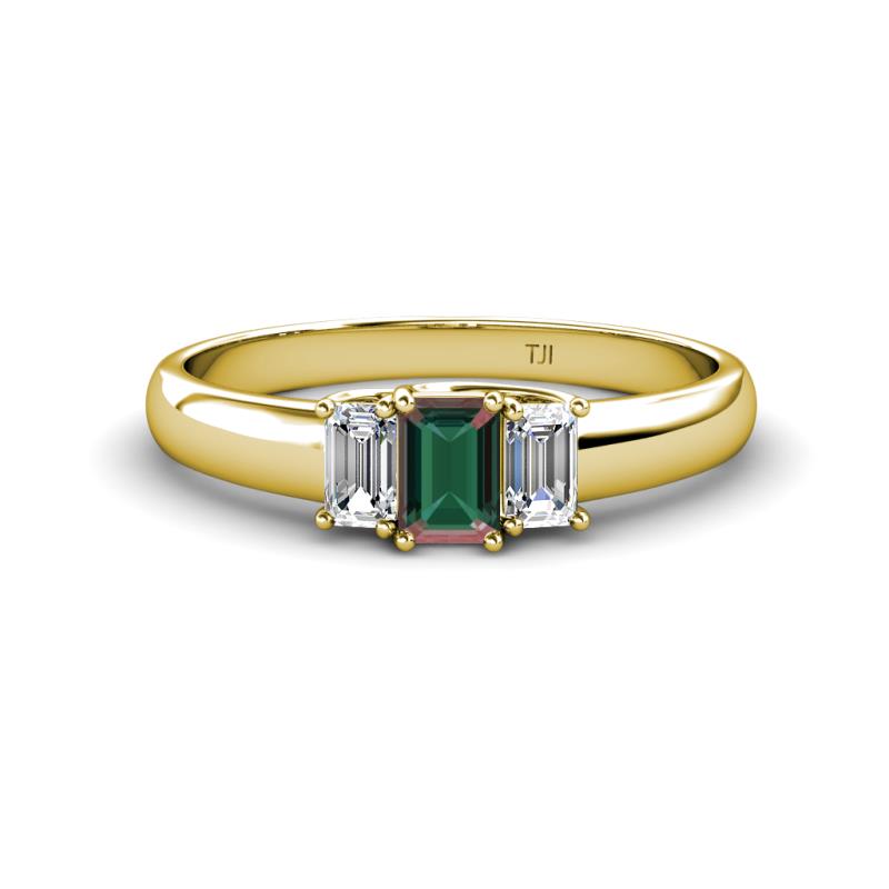 Sharon 6x4 mm Emerald Cut Lab Created Alexandrite and Diamond Trellis Three Stone Engagement Ring 