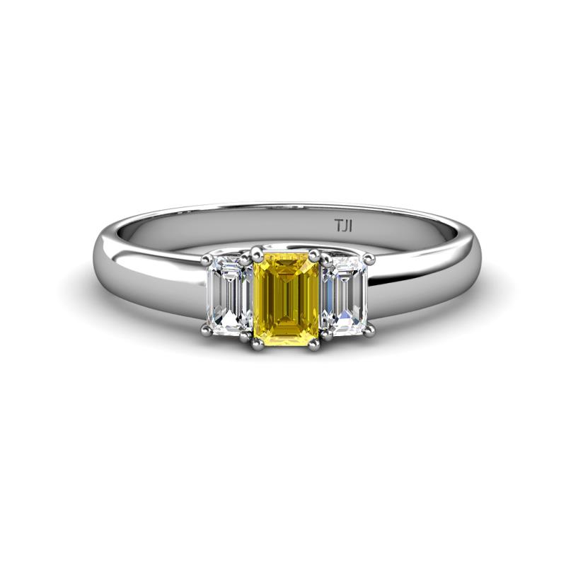 Sharon 6x4 mm Emerald Cut Yellow Sapphire and Diamond Trellis Three Stone Engagement Ring 
