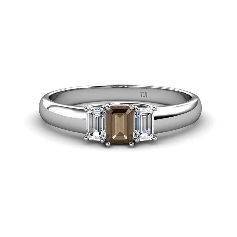 Sharon 6x4 mm Emerald Cut Smoky Quartz and Diamond Trellis Three Stone Engagement Ring 