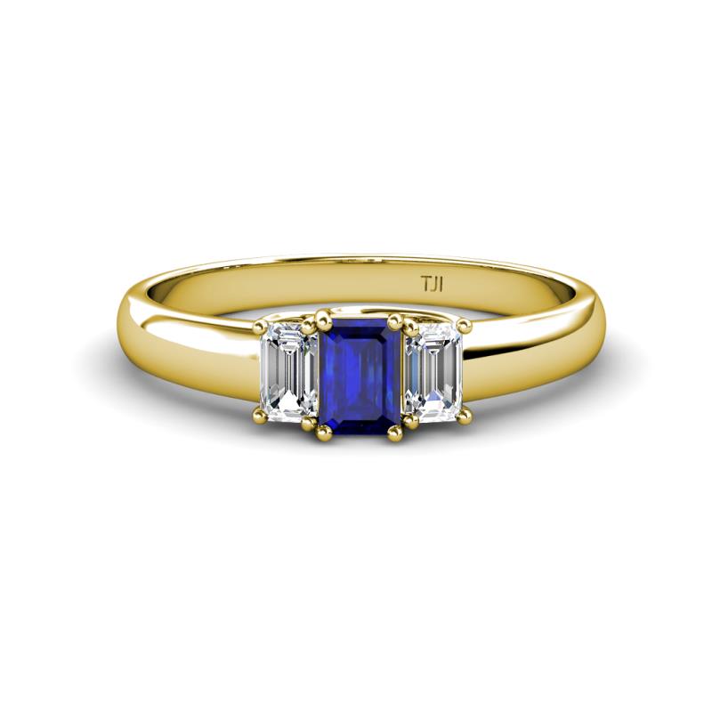 Sharon 6x4 mm Emerald Cut Blue Sapphire and Diamond Trellis Three Stone Engagement Ring 