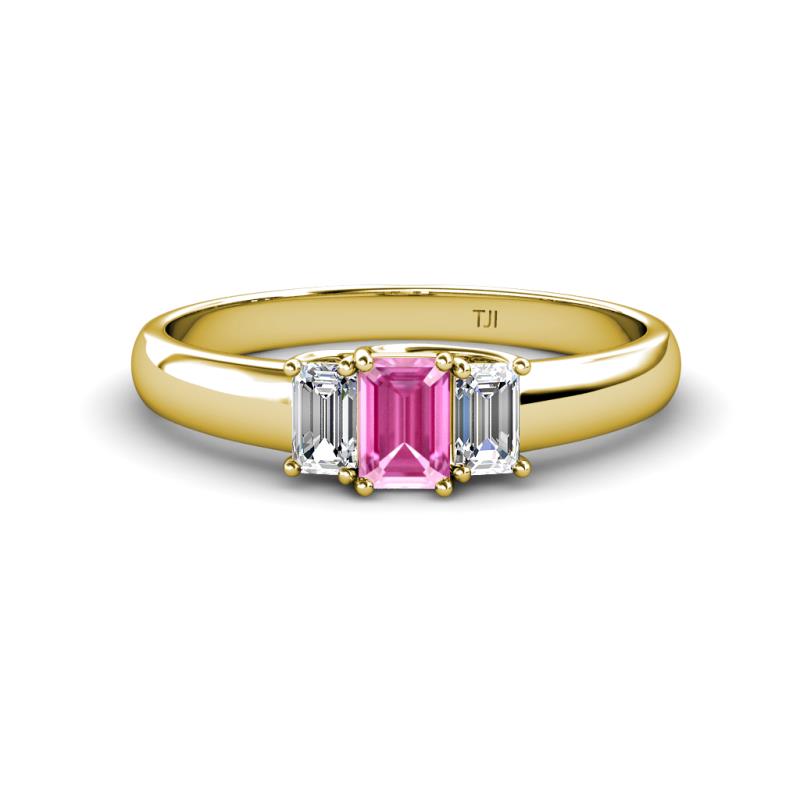 Sharon 6x4 mm Emerald Cut Pink Sapphire and Diamond Trellis Three Stone Engagement Ring 