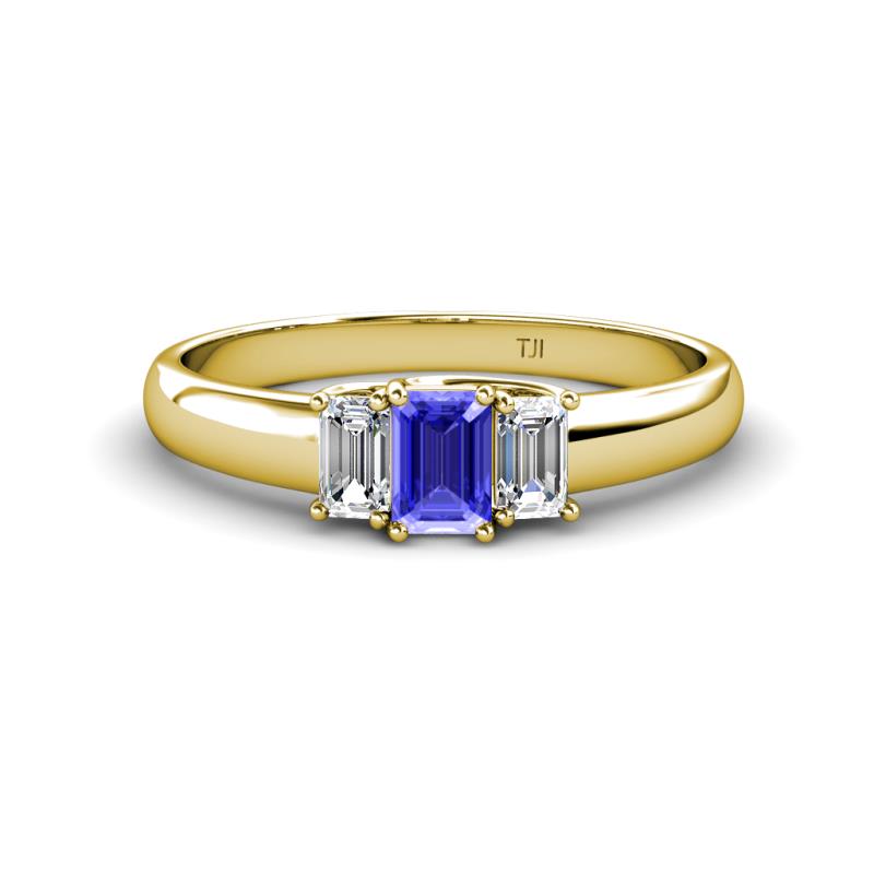 Sharon 6x4 mm Emerald Cut Tanzanite and Diamond Trellis Three Stone Engagement Ring 