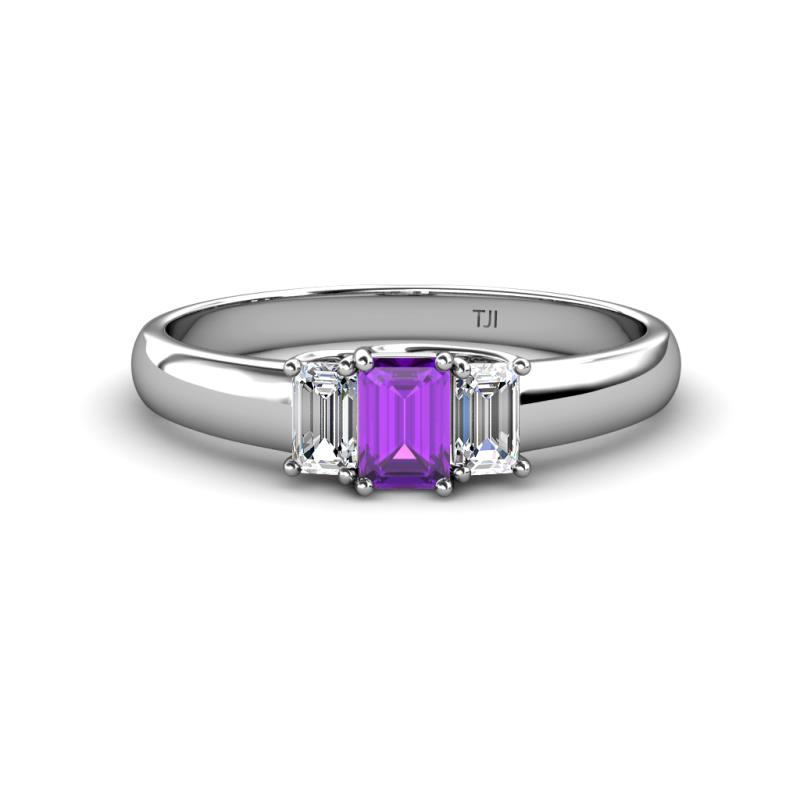 Sharon 6x4 mm Emerald Cut Amethyst and Diamond Trellis Three Stone Engagement Ring 