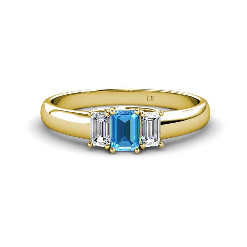 Sharon 6x4 mm Emerald Cut Blue Topaz and Diamond Trellis Three Stone Engagement Ring 