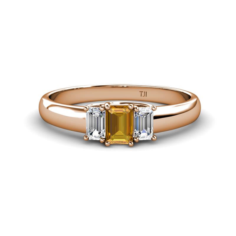 Sharon 6x4 mm Emerald Cut Citrine and Diamond Trellis Three Stone Engagement Ring 
