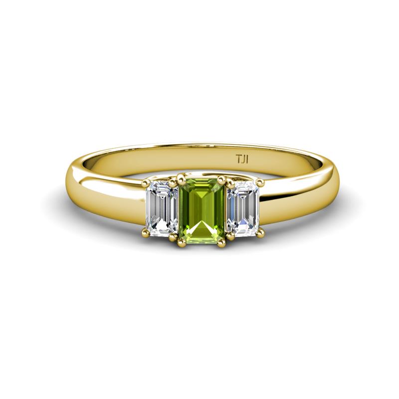 Sharon 6x4 mm Emerald Cut Peridot and Diamond Trellis Three Stone Engagement Ring 