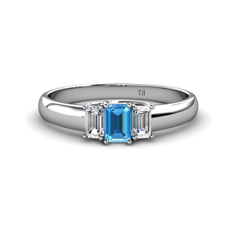 Sharon 6x4 mm Emerald Cut Blue Topaz and Diamond Trellis Three Stone Engagement Ring 
