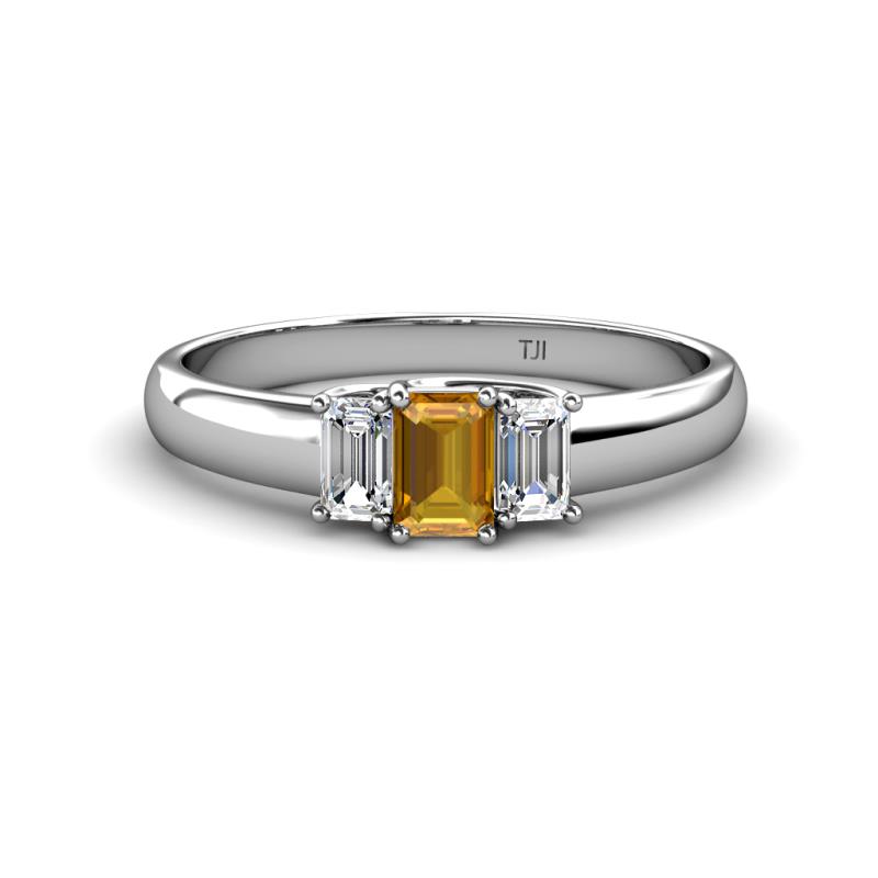 Sharon 6x4 mm Emerald Cut Citrine and Diamond Trellis Three Stone Engagement Ring 