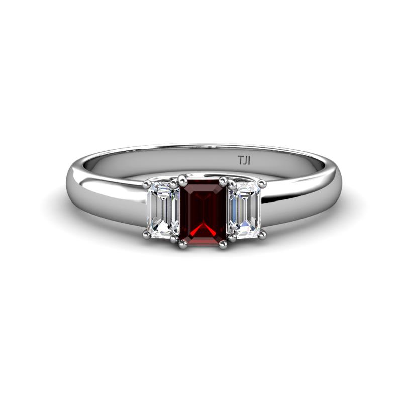 Sharon 6x4 mm Emerald Cut Red Garnet and Diamond Trellis Three Stone Engagement Ring 