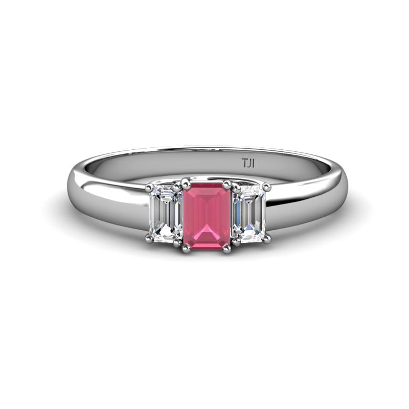 Sharon 6x4 mm Emerald Cut Rhodolite Garnet and Diamond Trellis Three Stone Engagement Ring 