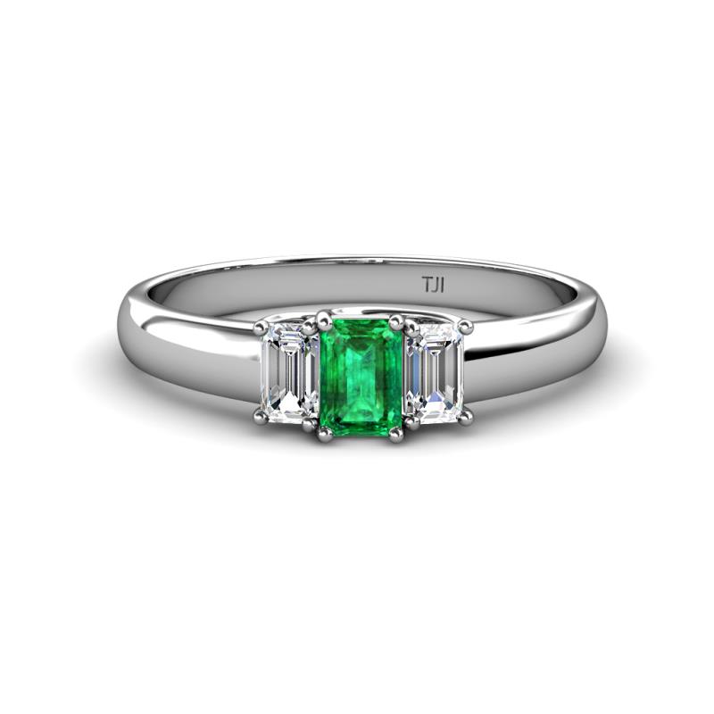 Sharon 6x4 mm Emerald Cut Emerald and Diamond Trellis Three Stone Engagement Ring 