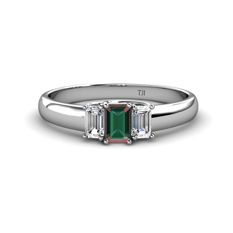 Sharon 6x4 mm Emerald Cut Lab Created Alexandrite and Diamond Trellis Three Stone Engagement Ring 