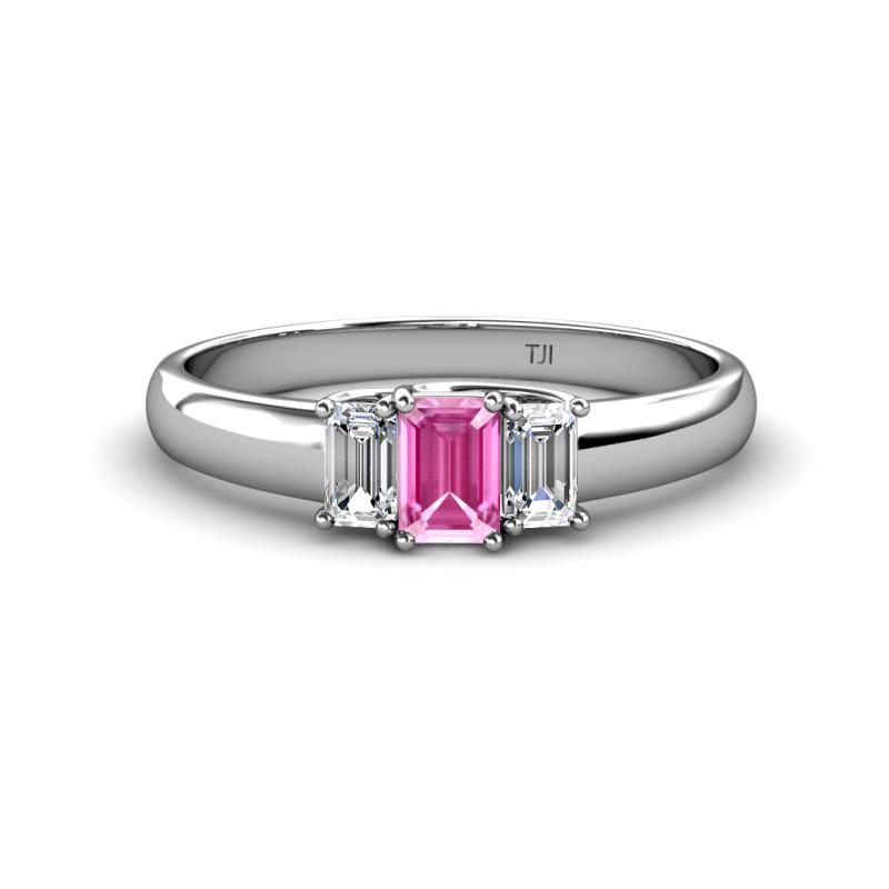 Sharon 6x4 mm Emerald Cut Pink Sapphire and Diamond Trellis Three Stone Engagement Ring 